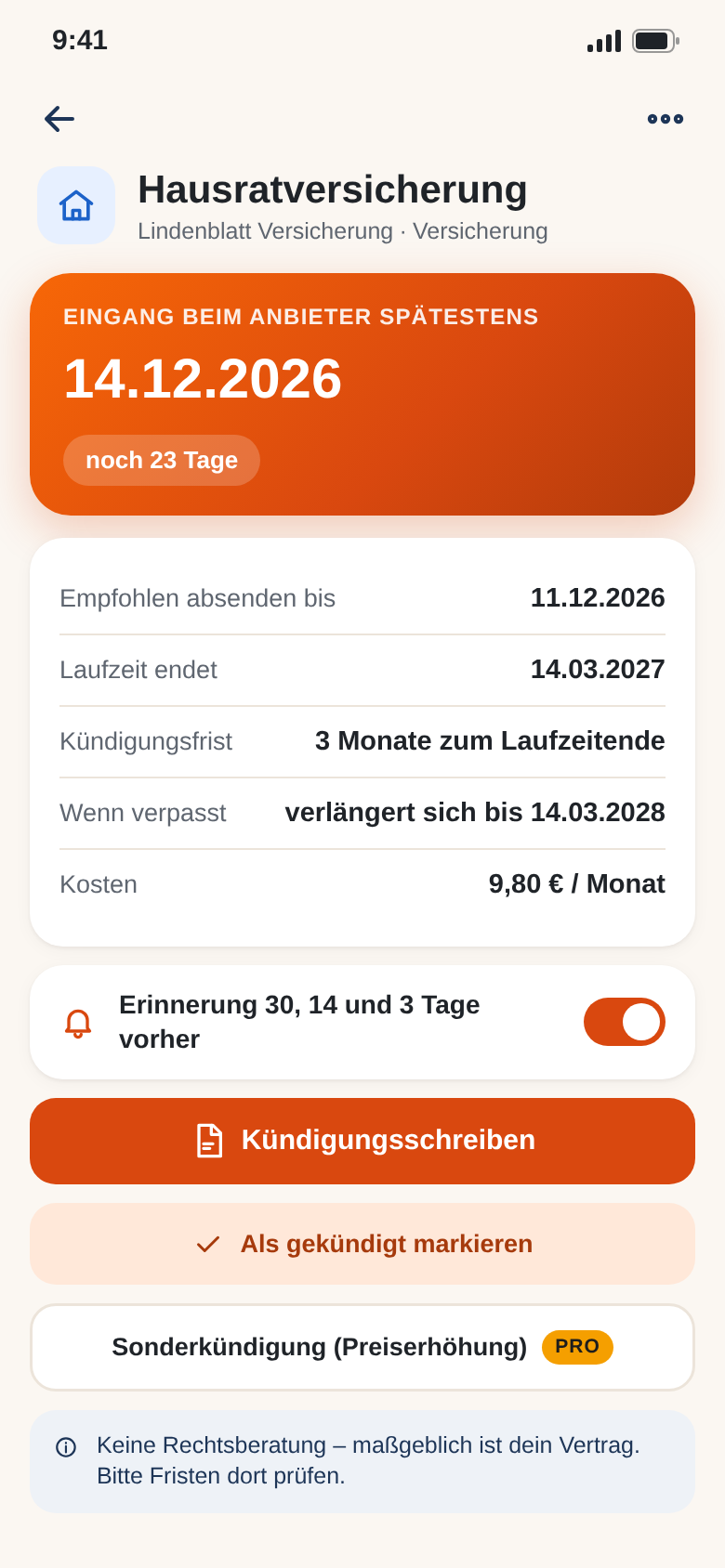 Vertragsdetail: Eingang beim Anbieter spätestens 14.12.2026, empfohlenes Absendedatum und Laufzeitende