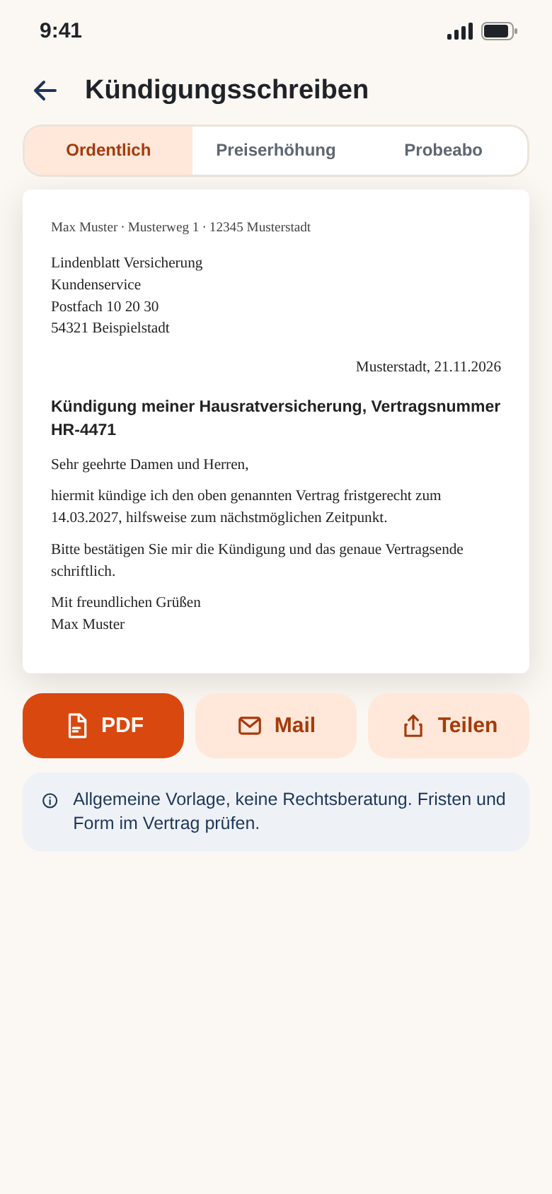 Kündigungsschreiben als Vorschau mit den Knöpfen PDF, Mail und Teilen