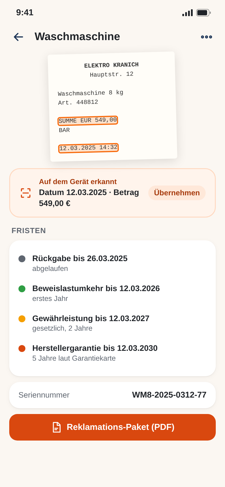 Kassenbon mit erkanntem Datum und Betrag sowie Rückgabe-, Gewährleistungs- und Garantiefristen
